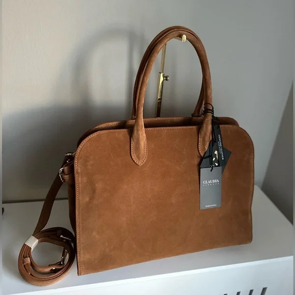 Viral Claudia Firenze Cognac Suede Leather Tote Satchel Bag NWT - Picture 1 of 6